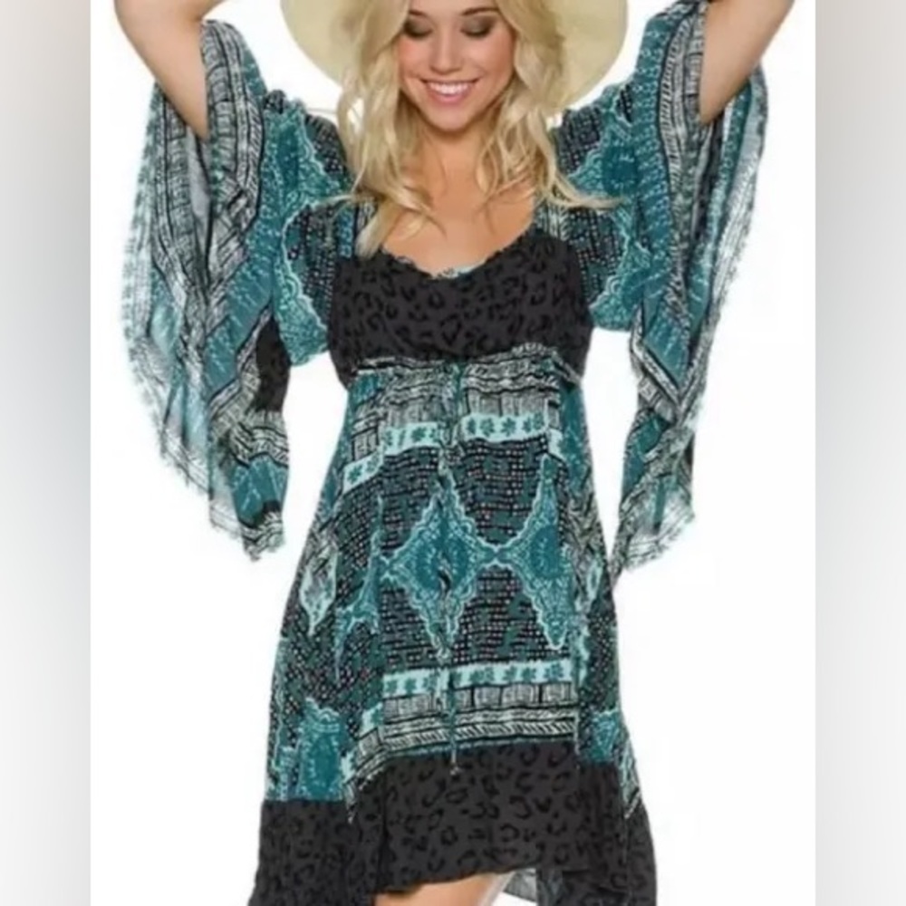 Free People Teal and Black Boho Mini Dress